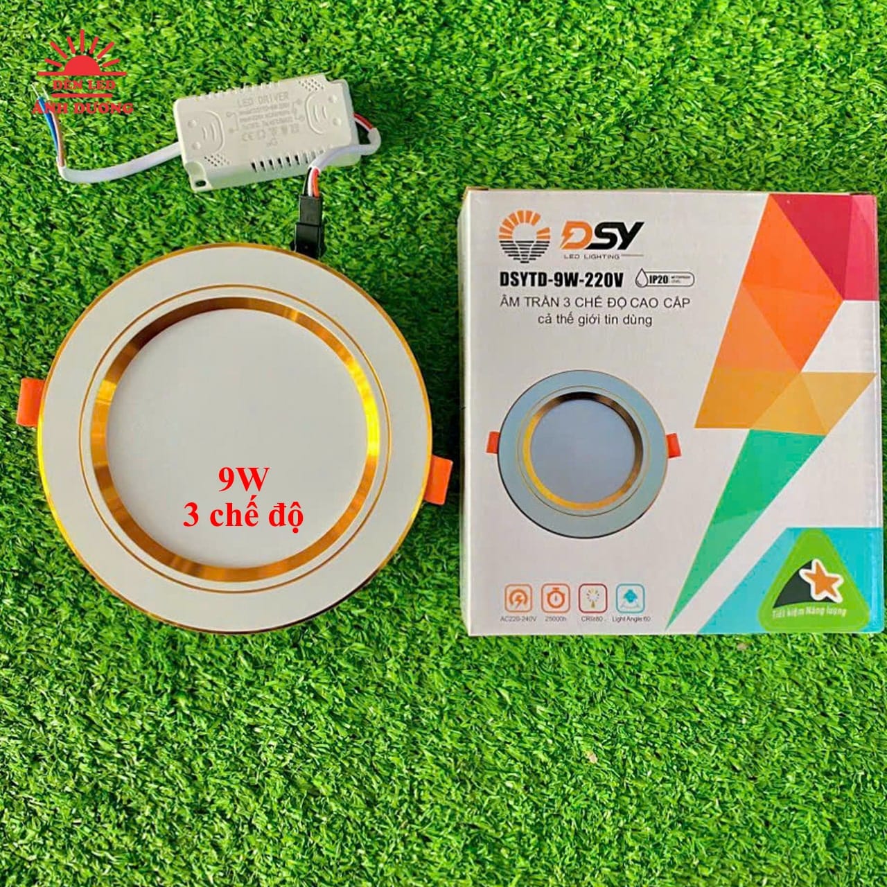 Đèn LED âm trần 3 chế độ 9w viền vàng